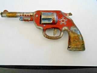 Antique Vintage Tin Toy Litho Gun Revolver 5 Star Blue Red Paint
