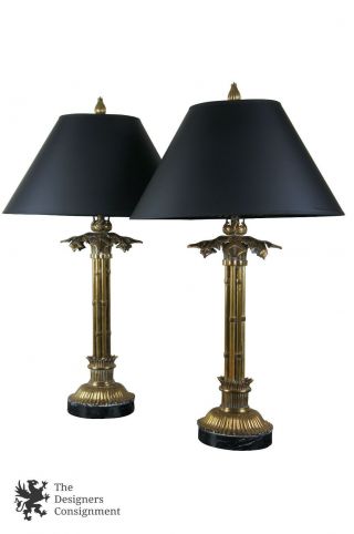 2 Vintage 1990 Chapman Table Lamps Brass Bamboo Columns Leaves Marble Base Pair