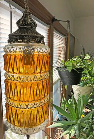 Vintage Mid - Century Pineapple Amber White Glass Lantern Style Hanging Swag Lamp