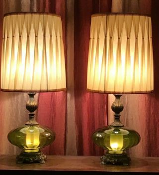 Vintage Pair Table Floor Lamps Brass Green Glass Shades Extra Night Light