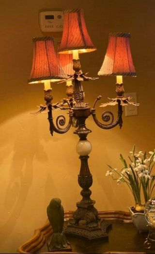 37 " Tall Resin & Metal 3 - Arms 4 Lights Candelabra Table Lamp W/4 Silk Shades.