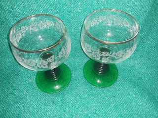 Roemer Wine Glasses,  Green Stem,  Etched Grape Vines,  Trimmed In Gold.  Set Of 2.