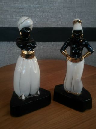 Mid Century Mcm Moss Lamps Blackamoor Genie Nubian Figurines Couple Black & Gold