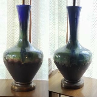 Pair Mid Century Modern Blue Green Drip Glaze Genie Bottle Lamps Vintage Pottery