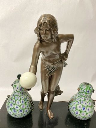 Vtg Art Deco Bronzed Spelter Figural Maiden Lamp Millefiori Art Glass Shades