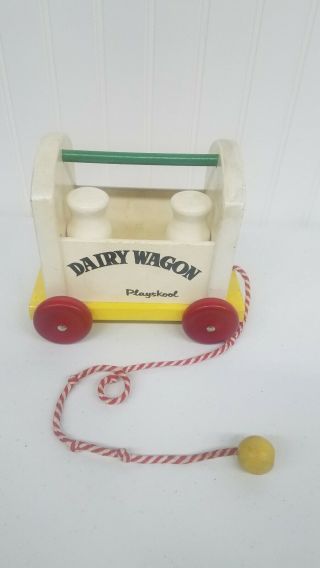 Vintage Wooden Playskool Dairy Wagon Pull Toy With 2 Milk Bottles