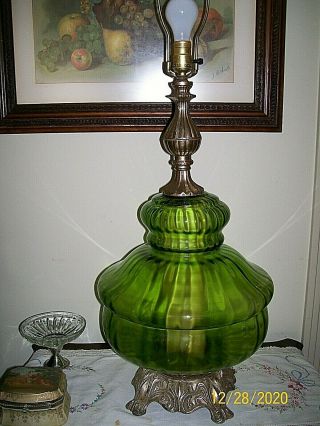Very Large Mid Century Green Glass Hollywood Regency Style Table Lamp /