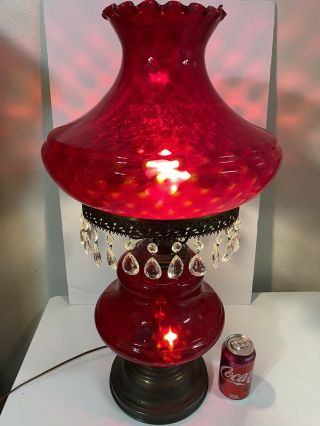 Very Large Vintage Hurricane Lamp Red/cranberry Glass W/ Crystal Prisms 30”tall