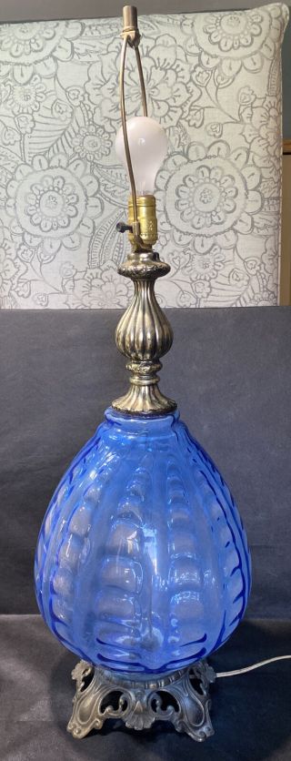 Vtg Mid Century Modern Optic Glass Table Lamp Hollywood Blue Swag 1960s 1970s