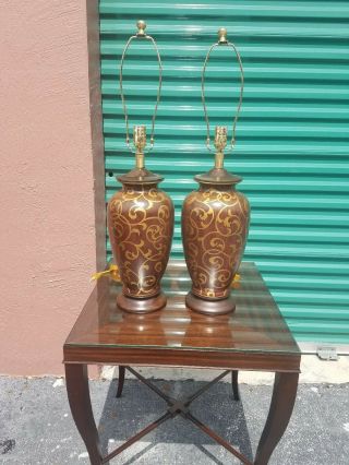 Vintage Frederick Cooper Lamp Pair Ceramic & Brass