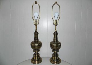 Pair Stiffel Solid Brass Table Lamps Ribbed Urn Trophy Hollywood Regency