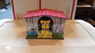 Red Roof Savings Bank Mechanical Tin Bank Vintage Toy Coin Bank Dog House Hound