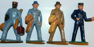 Old 1930s Barclay Lead Dimestore Train Station Figures,  Workers & Passengers,  4p
