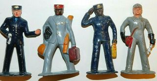 Old 1930s Barclay Lead Dimestore Figures,  4 Train Station Workers,  Red Caps