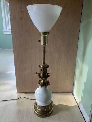 Mid - Century Stiffel Brass And Porcelain Table Torchiere 25 " Lamp With Shade