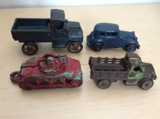 Vintage Cast Iron Toys Dump Truck Stake Bed Truck Sedan Car Tanker Hubley Arcade