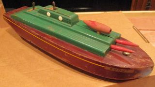 Wooden Wind Up Boat Scout 14 Inches Long Wood