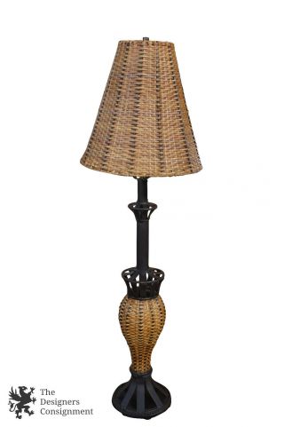 Wrought Iron & Wicker Rattan Woven Electric Table Lamp & Round Bell Shade Brown