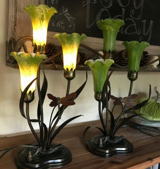 Dale Tiffany Green Tulip Lily Dragonfly Table Lamp 3 Light Bronze 21” 2