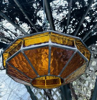 Vintage Mcm Retro Hanging Tiffany - Style Glass Lamp With 24 Amber Glass Panels
