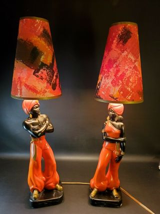 Vintage Chalkware Table Lamps Mid Century Pair Blackamoor Nubian Genie Americana
