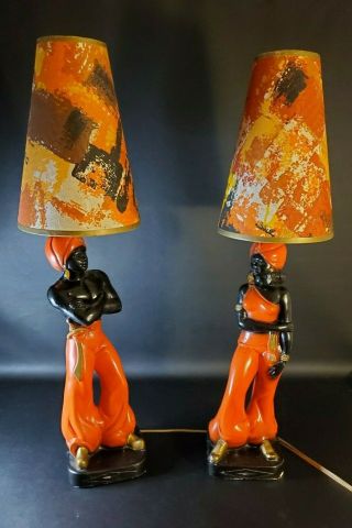 Vintage Chalkware Table Lamps Mid Century Pair Blackamoor Nubian Genie Americana 2