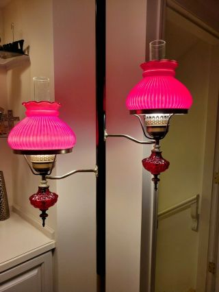 Vtg Red Hurricane Shade Tension Pole Lamp Mid Century Spring Light Rewired