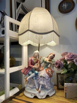Lrg Vintage Capodimonte Couple Lamp With Fringe Shade - Made In Italy