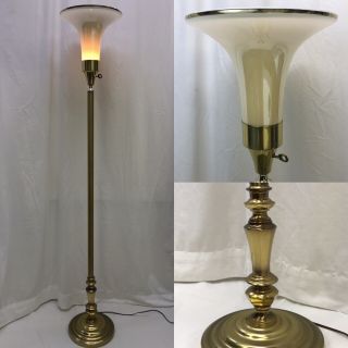 Vtg Glass Torchiere Floor Lamp Art Deco Mid Century Modern Gold " Brass " Stiffel?