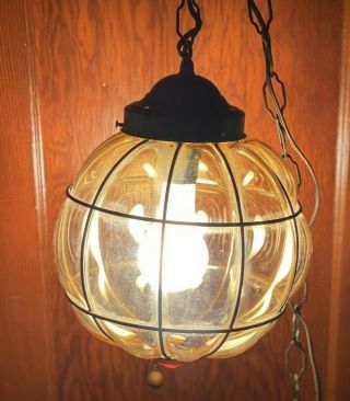 Vintage Mid Century Modern Amber Glass Hanging Swag Lamp Pendant Metal & Glass