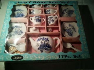 Vintage Jaymar 17 Pc.  Children’s Toy China Tea Set,  Blue & White,  Box