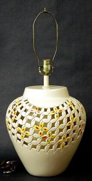 Vtg 60s Mid Century Modern Hand Painted Pierced Floral Beige Ceramic Table Lamp