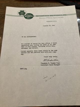 1949 Beverwyck Brewing Letter Head Ephemera Albany Ny