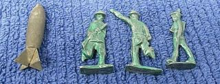 3 Wwi Vintage Barclay Manoil Green Lead Toy Soldiers And Metal Torpedo Missile