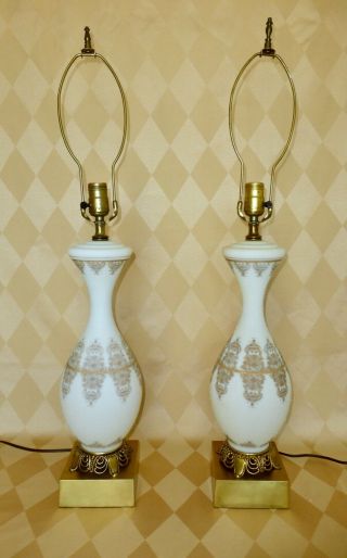 Mid Century Vintage Pair (2) Hollywood Regency Table Lamps White Gold Brass
