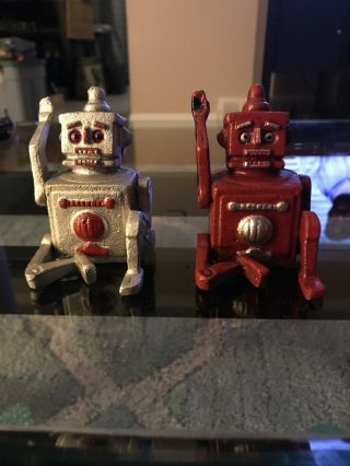Antique Vintage Hand Painted Cast Iron Robot Figures