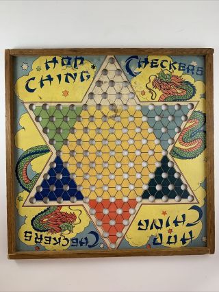 Hop Ching Chinese Checkers Board Dinosaur Wood Frame Game Room Decor Art