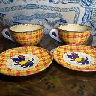 J Chein & Co Vintage Tin Children’s Tea Cups Sausers Puppy Design 1940s