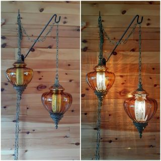 Vtg Set 2 Mcm Retro Hanging Swag Light/lamp Amber Rootbeer Glass Design