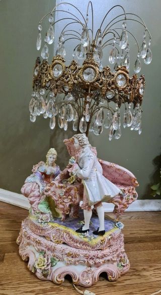Capodimonte Azzolin Bros Crystal Waterfall Drop Pink Lovers Piano Porcelain Lamp