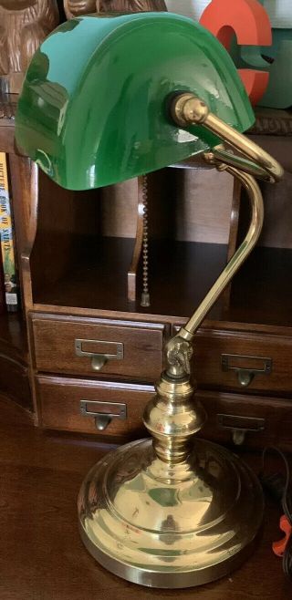 Vintage Art Deco Articulating Bankers Brass Lamp Emerald Green Glass Shade