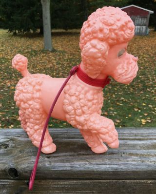 Vtg Plastic Blow Mold Pink Poodle Dog Squeeze Toy Italy Collar Leash 50s 60s