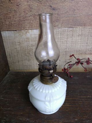 Antique Miniature Oil Lamp Milk Glass With Embossed Design 7 "