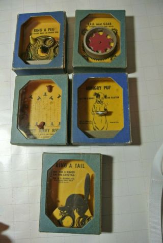 5 Vintage A.  C.  Gilbert Co.  Hand Held Skill Game Boxes Black Cat Dog Ring Toss