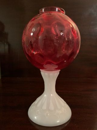 Antique Glass Oil Kerosene Lamp Base Milk Glass & Cranberry Thumbprint
