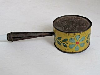 Antique 19th C Tin Baby Rattle With Flower Litho