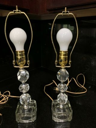Vintage Pair Boudoir Table Lamps W/ Crystal Bases & Faceted Acrylic Middle Parts