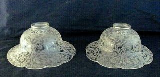 Pair Vintage Matched Floral Etched Glass Lamp Shades Scalloped Edge 2 " Fitter