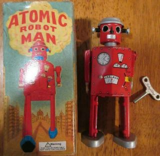 1997 Schylling Red Atomic Robot Man 5 " Tin Toy W/ Box & Key