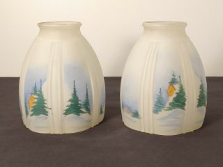 Vintage Reverse Painted Frosted Glass Lamp Shade Cabin In The Woods (set Of 2)
